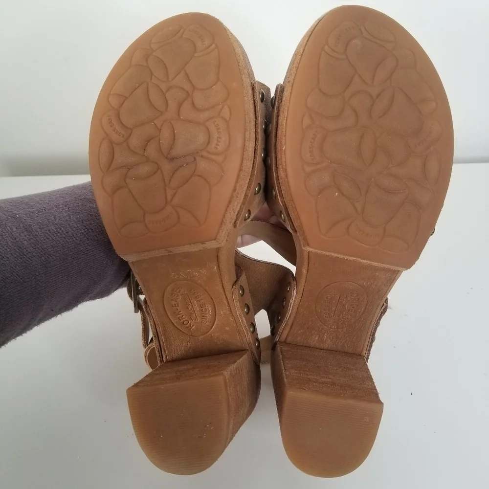 Kork-Ease Passilla Block Heel Platform Leather Sandals Size 7 Tan Studded